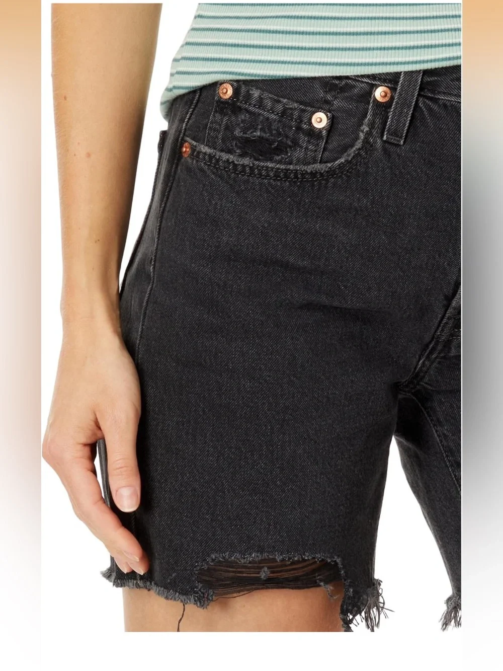Levi's 501 Mid Thigh Black Distressed Jean Shorts with Frayed Hem - Picture 3 of 6